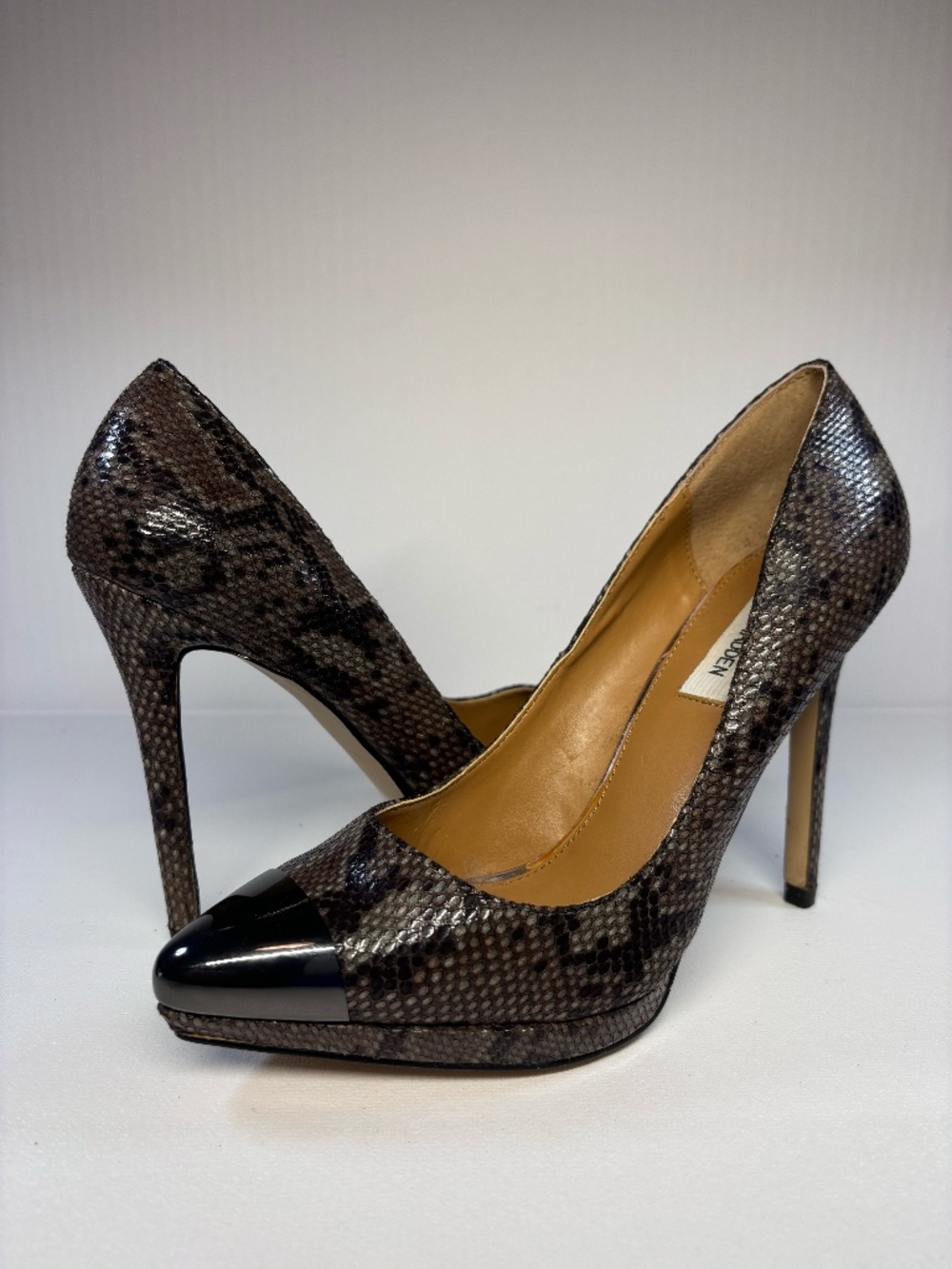 Steve Madden Brown Snake Print Platform Pumps 7.5 | Black Cap Toe Stiletto Heel